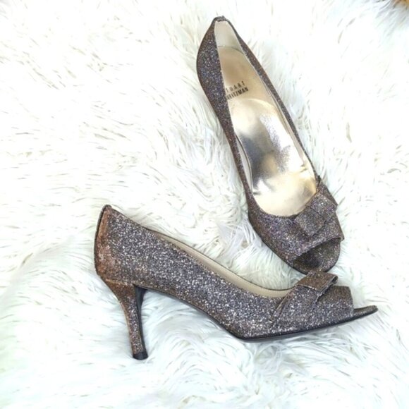 Stuart Weitzman Shoes - Stuart Weitzman bronze silver glitter bow peep toe heels